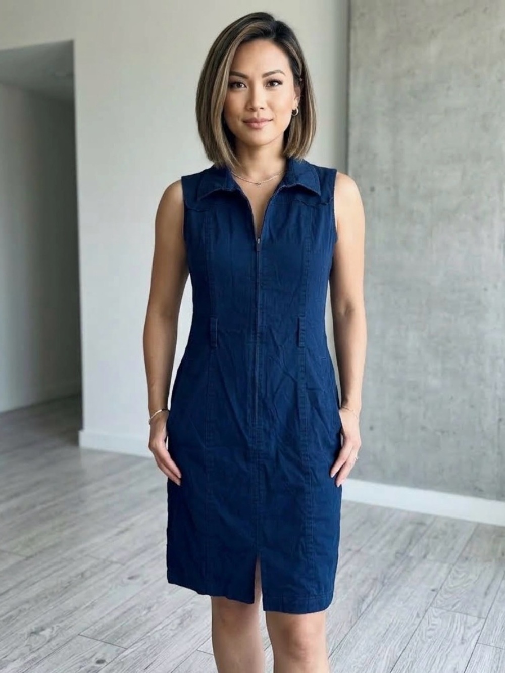 Calvin Klein Women Size 2 Blue Tie Waist Blazer Dress Sleeveless Zippered